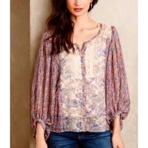 Anthropologie HD in Paris 70s Boho Chinoiserie Sheer Peasant Blouse Top 2